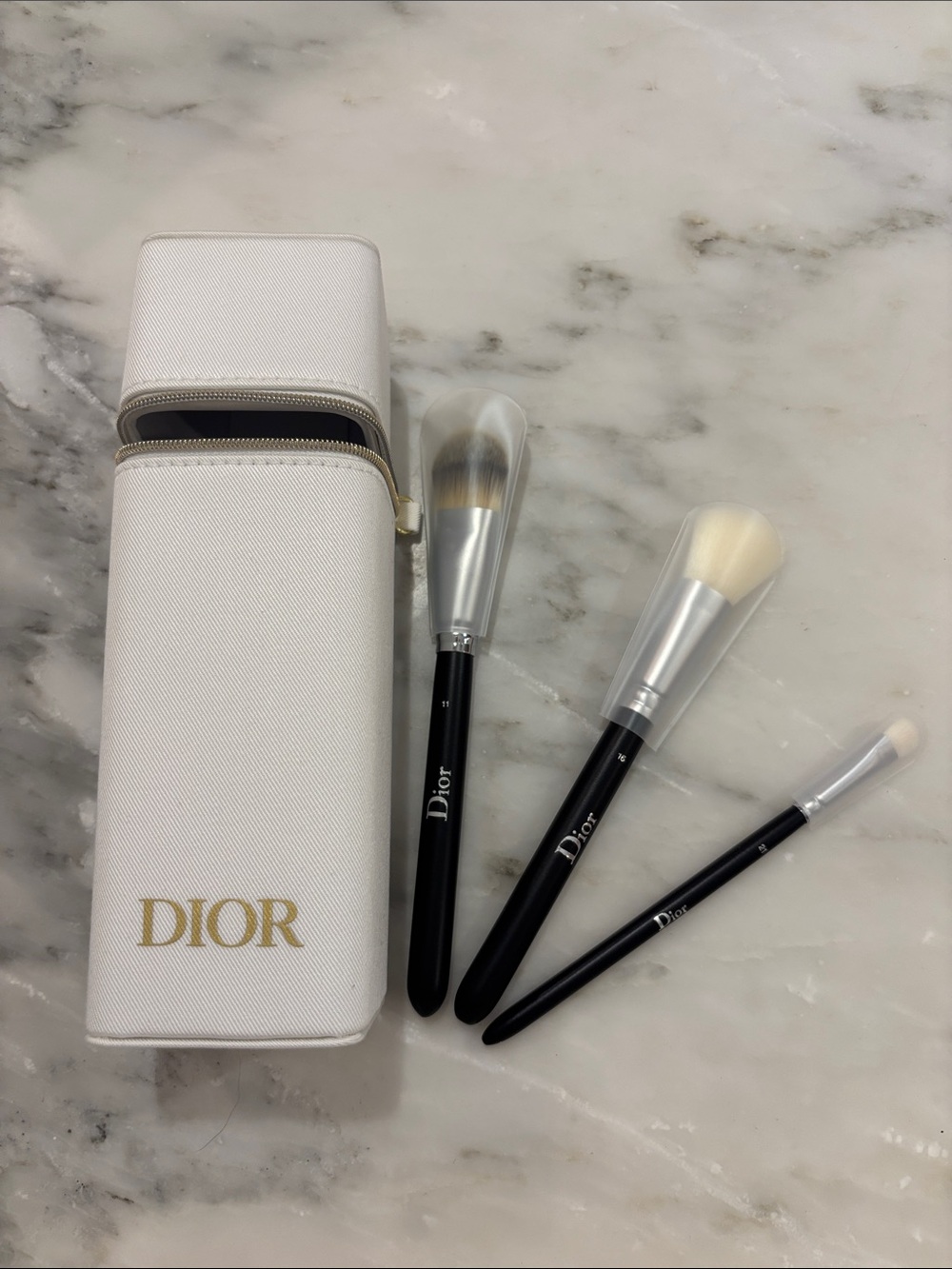 Dior White and Black 3-Piece Travel Brush Set with Gold Logo Case